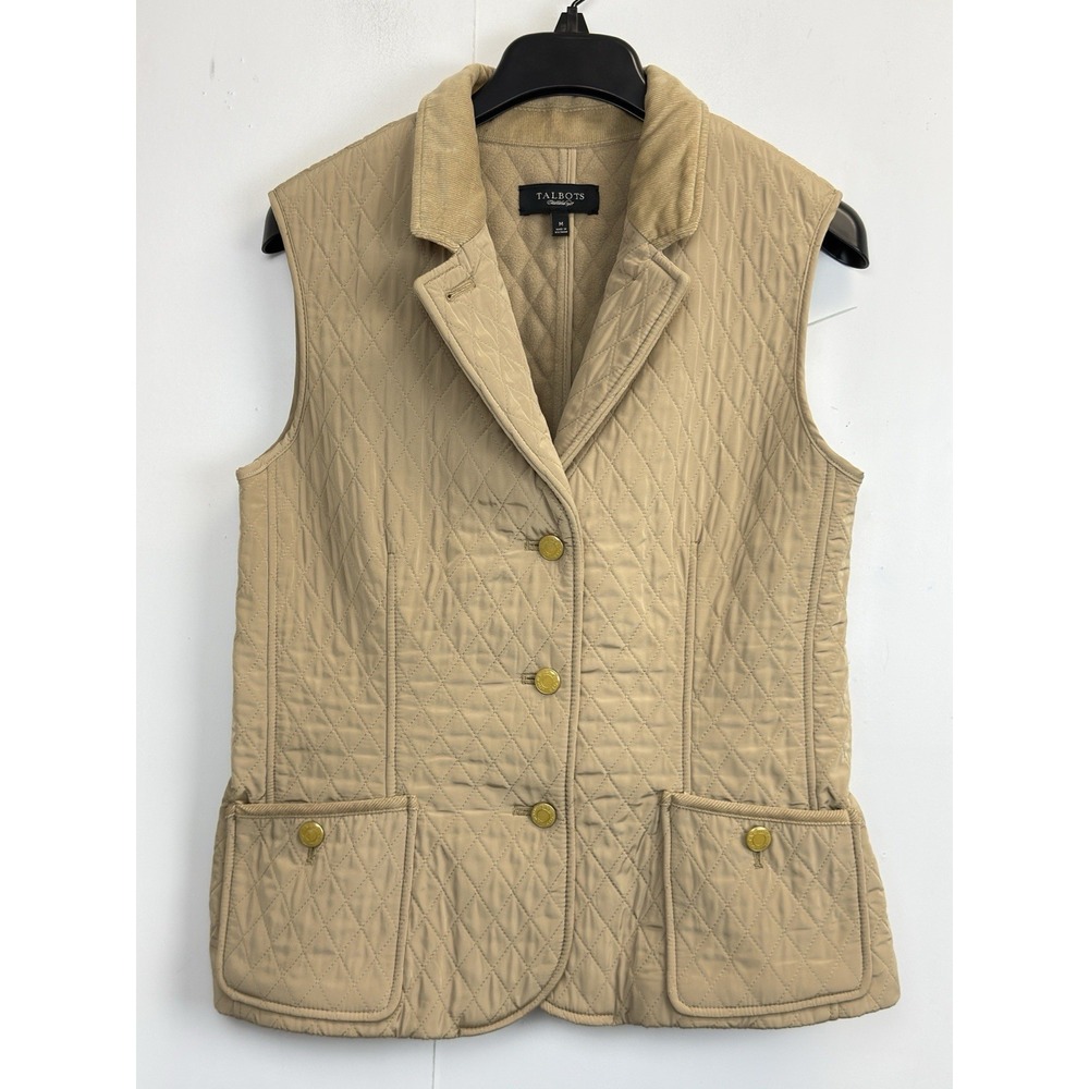 Talbots Vest Womens M Quilted Tan Beige‎ Corduroy Collar Button Up Fleece Lined